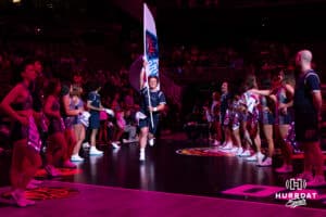 Supernovas Hype Squad leads the Supernovas out on to the court to take on the Columbus Fury during a college volleyball match Friday, April 25, 2025 in Omaha, Nebraska. Photo by John S. Peterson.