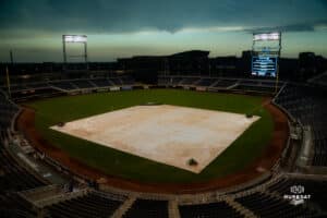 A rain delay hits during a baseball game at Charles Schwab Field on Thursday, April 17th, 2025 in Omaha Nebraska. Photo by Collin Stilen.