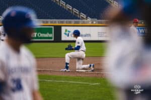 Creighton Bluejay Matt Scherrman celebrating during a baseball game at Charles Schwab Field on Thursday, April 17th, 2025 in Omaha Nebraska. Photo by Collin Stilen.