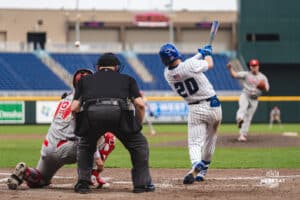 Creighton Bluejay Tate Gillen gets a base hit during a baseball game at Charles Schwab Field on Thursday, April 17th, 2025 in Omaha Nebraska. Photo by Collin Stilen.