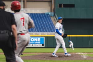 Creighton Bluejay Ian Koosman with the third out celebration during a baseball game at Charles Schwab Field on Thursday, April 17th, 2025 in Omaha Nebraska. Photo by Collin Stilen.