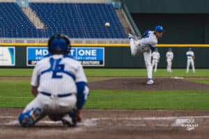 Creighton Bluejay Ian Koosman warming up on the mound during a baseball game at Charles Schwab Field on Thursday, April 17th, 2025 in Omaha Nebraska. Photo by Collin Stilen.
