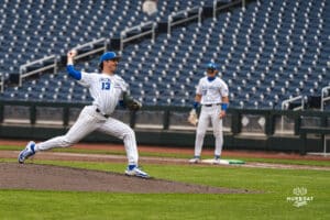 reighton Bluejay Jack Pineau warming up on the mound during a baseball game at Charles Schwab Field on Thursday, April 17th, 2025 in Omaha Nebraska. Photo by Collin Stilen.