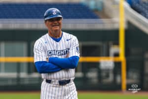 Creighton Bluejay head oach Ed Servais watching players during a baseball game at Charles Schwab Field on Thursday, April 17th, 2025 in Omaha Nebraska. Photo by Collin Stilen.