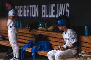 Creighton Bluejays in the dugout during a baseball game at Charles Schwab Field on Thursday, April 17th, 2025 in Omaha Nebraska. Photo by Collin Stilen.