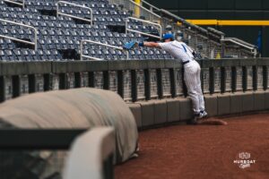 Creighton Bluejay Nolan Sailors makes an amazing outstretched catch to get the third out of the inning during a baseball game at Charles Schwab Field on Thursday, April 17th, 2025 in Omaha Nebraska. Photo by Collin Stilen.