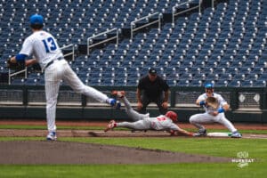 Creighton Bluejay Jack Pineau throws to Will MacLean to try and get the ruuner out during a baseball game at Charles Schwab Field on Thursday, April 17th, 2025 in Omaha Nebraska. Photo by Collin Stilen.