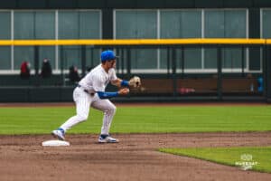 Creighton Bluejay Ben North makes the double play during a baseball game at Charles Schwab Field on Thursday, April 17th, 2025 in Omaha Nebraska. Photo by Collin Stilen.