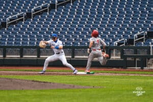 Creighton Bluejay Will MacLean completes the double play during a baseball game at Charles Schwab Field on Thursday, April 17th, 2025 in Omaha Nebraska. Photo by Collin Stilen.