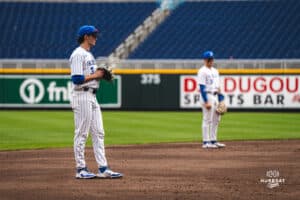 Creighton Bluejays Matt Scherrman and Ben North during a baseball game at Charles Schwab Field on Thursday, April 17th, 2025 in Omaha Nebraska. Photo by Collin Stilen.