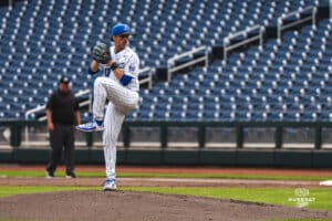 Creighton Bluejay Jack Pineau warms up on the mound during a baseball game at Charles Schwab Field on Thursday, April 17th, 2025 in Omaha Nebraska. Photo by Collin Stilen.
