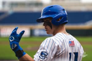 Creighton Bluejay Ben North motions for a teammate during a baseball game at Charles Schwab Field on Thursday, April 17th, 2025 in Omaha Nebraska. Photo by Collin Stilen.