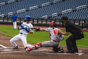 Creighton Bluejay Jack Torosian dodges a pitch during a baseball game at Charles Schwab Field on Thursday, April 17th, 2025 in Omaha Nebraska. Photo by Collin Stilen.