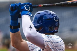 Creighton Bluejay Tate Gillen is on deck during a baseball game at Charles Schwab Field on Thursday, April 17th, 2025 in Omaha Nebraska. Photo by Collin Stilen.