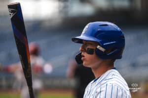 Creighton Bluejay Tate Gillen is on deck to bat during a baseball game at Charles Schwab Field on Thursday, April 17th, 2025 in Omaha Nebraska. Photo by Collin Stilen.