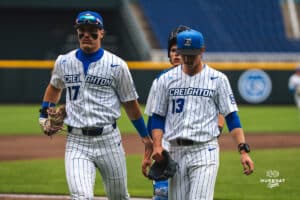 Creighton Bluejay Jack Pineau comes off the mound after the inning during a baseball game at Charles Schwab Field on Thursday, April 17th, 2025 in Omaha Nebraska. Photo by Collin Stilen.