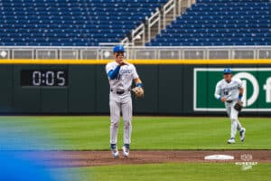 Creighton Bluejay Ben North throws the ball back to the pitcher during a baseball game at Charles Schwab Field on Thursday, April 17th, 2025 in Omaha Nebraska. Photo by Collin Stilen.