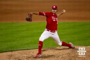Nebraska Cornhusker pitcher Grant Cleavinger (36) throws a pitch in the ninth inning against the Kansas Jayhawks during a college baseball game Tuesday, April 22, 2025 in Lincoln, Nebraska. Photo by John S. Peterson.