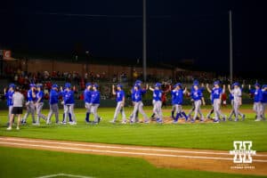 Kansas Jayhawks celebrates the win over the Nebraska Cornhuskers during a college baseball game Tuesday, April 22, 2025 in Lincoln, Nebraska. Photo by John S. Peterson.