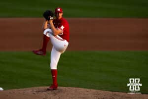 Nebraska Cornhusker pitcher Drew Christo (25) throws a pitch against the Kansas Jayhawks during a college baseball game Tuesday, April 22, 2025 in Lincoln, Nebraska. Photo by John S. Peterson.