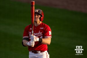 Nebraska Cornhusker Josh Overbeek (4) prepares for his at bat against the Kansas Jayhawks during a college baseball game Tuesday, April 22, 2025 in Lincoln, Nebraska. Photo by John S. Peterson.