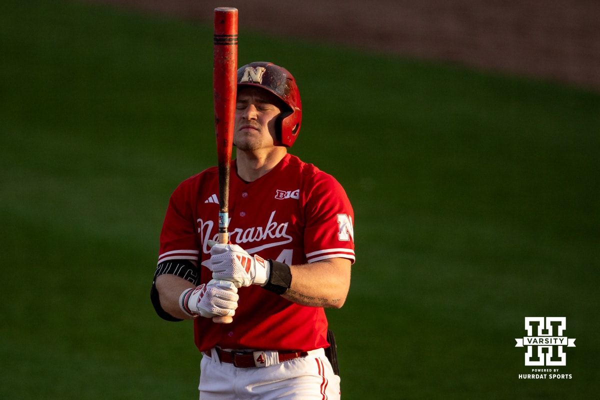 Nebraska Cornhusker Josh Overbeek (4) prepares for his at bat against the Kansas Jayhawks during a college baseball game Tuesday, April 22, 2025 in Lincoln, Nebraska. Photo by John S. Peterson.