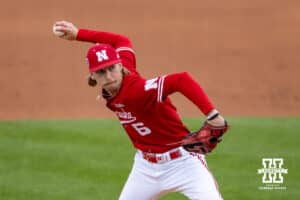 Nebraska Cornhusker pitcher Pryce Bender (6) throws a pitch against the Kansas Jayhawks during a college baseball game Tuesday, April 22, 2025 in Lincoln, Nebraska. Photo by John S. Peterson.