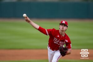Nebraska Cornhusker pitcher Gavin Blachowicz (50) throws a pitch against the Kansas Jayhawks during a college baseball game Tuesday, April 22, 2025 in Lincoln, Nebraska. Photo by John S. Peterson.