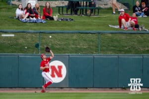 Nebraska Cornhusker outfielder Gabe Swansen (44) makes an out against the Kansas Jayhawks during a college baseball game Tuesday, April 22, 2025 in Lincoln, Nebraska. Photo by John S. Peterson.