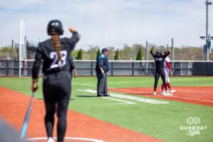 Omaha Maverick Katherine Johnson (12) celebrates hitting a triple against South Dakota Saturday, April 19, 2025 in Omaha, Nebraska. Photo by Braden Cochran.