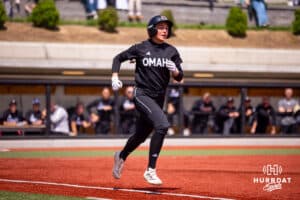 Omaha Maverick Marra Cramer (9) gets a base hit in the fourth inning against South Dakota Saturday, April 19, 2025 in Omaha, Nebraska. Photo by Braden Cochran.