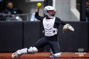 Omaha Maverick Rylinn Groff throws the ball to the pitcher against the South Dakota Coyotes Saturday, Apirl 19, 2025 in Omaha, Nebraska. Photo by Braden Cochran.