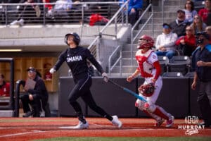 Omaha Maverick Sydney Thompson (19) hits the ball against South Dakota Saturday, April 19, 2025 in Omaha, Nebraska. Photo by Braden Cochran.