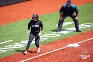 Omaha Maverick Katherine Johnson (12) steals third base against South Dakota Saturday, April 19, 2025 in Omaha, Nebraska. Photo by Braden Cochran.