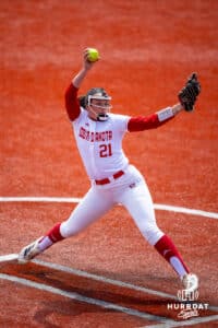 South Dakota Clara Edwards (21) pitches against Omaha in their game on Saturday, April 19, 2025 in Omaha, Nebraska. Photo by Braden Cochran.