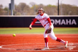 South Dakota Calra Edwards (21) throws a pitch against Omaha Saturday, April 19, 2025 in Omaha, Nebraska. Photo by Braden Cochran.
