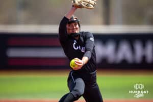 Maddia Groff (6) winds up for a pitch against South Dakota Saturday, April 19, 2025 in Omaha, Nebraska. Photo by Braden Cochran.