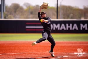 Maddia Groff (6) winds up for a pitch against South Dakota Saturday, April 19, 2025 in Omaha, Nebraska. Photo by Braden Cochran.