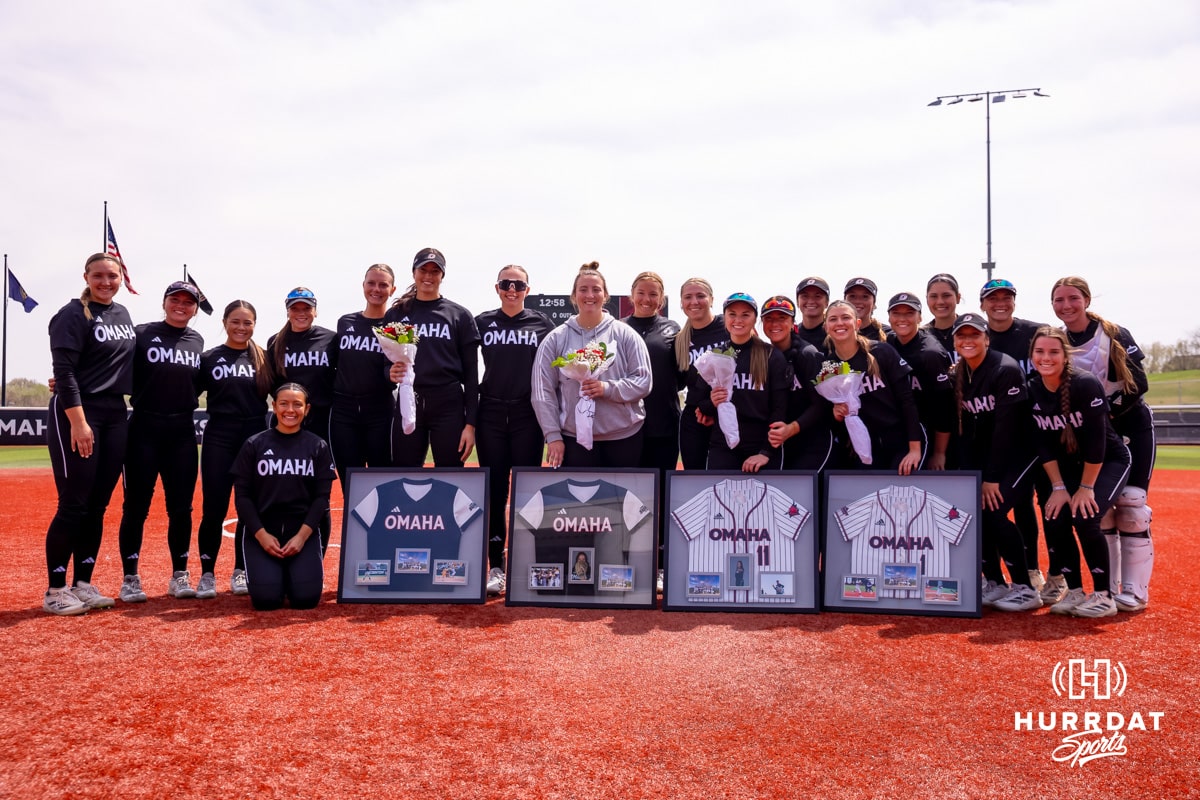 Omaha Seniors pose for a photo their teammates Saturday, April 19, 2025 in Omaha, Nebraska. Photo by Braden Cochran.