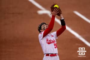 Nebraska Cornhusker Jordyn Bahl (98) makes a catch for an out against the Indiana Hoosiers during a college softball game Friday, April 18, 2025 in Omaha, Nebraska. Photo by John S. Peterson.