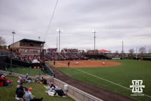 Nebraska Cornhuskers packed the stadium against the Indiana Hoosiers during a college softball game Friday, April 18, 2025 in Omaha, Nebraska. Photo by John S. Peterson.