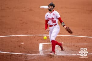 Nebraska Cornhusker Jordyn Bahl (98) throws a pitch against the Indiana Hoosiers during a college softball game Friday, April 18, 2025 in Omaha, Nebraska. Photo by John S. Peterson.
