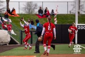 Indiana Hoosier utility Alex Cooper (31) makes a catch for an out against the Nebraska Cornhuskers during a college softball game Friday, April 18, 2025 in Omaha, Nebraska. Photo by John S. Peterson.