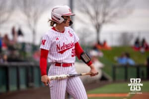 Nebraska Cornhusker Jordyn Bahl (98) ready to bat against the Indiana Hoosiers during a college softball game Friday, April 18, 2025 in Omaha, Nebraska. Photo by John S. Peterson.