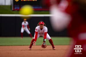 Nebraska Cornhusker Samantha Bland (29) ready for the ball against the Indiana Hoosiers during a college softball game Friday, April 18, 2025 in Omaha, Nebraska. Photo by John S. Peterson.