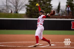 Nebraska Cornhusker Jordyn Bahl (98) throws a pitch against the Indiana Hoosiers in the first inning during a college softball game Friday, April 18, 2025 in Omaha, Nebraska. Photo by John S. Peterson.