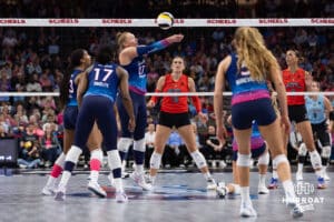 Omaha Supernovas Emily Londot (27) digs the ball against the Atlanta Vibe during a professional volleyball match Saturday, April 19, 2025 in Omaha, Nebraska. Photo by John S. Peterson.