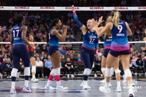 Omaha Supernovas celebrate scoring a point against the Atlanta Vibe during a professional volleyball match Saturday, April 19, 2025 in Omaha, Nebraska. Photo by John S. Peterson.