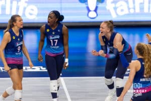 Omaha Supernovas celebrates a point against the Atlanta Vibe during a professional volleyball match Saturday, April 19, 2025 in Omaha, Nebraska. Photo by John S. Peterson.