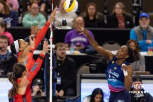 Omaha Supernovas Phoebe Awoleye (17) spikes the ball against the Atlanta Vibe during a professional volleyball match Saturday, April 19, 2025 in Omaha, Nebraska. Photo by John S. Peterson.